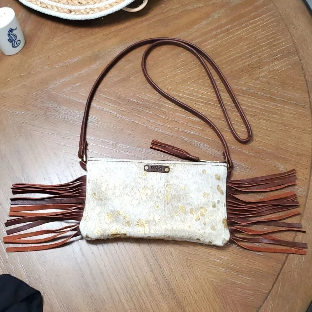 WILD GOOSE WOMEN'S HAIR ON HIDE LEATHER WRISTLET IVORY GOLD BROWN LEATHER FRINGE